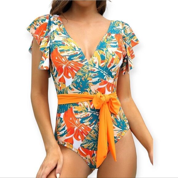 NWT Binlowis V Neck Ruffle One Piece Tropical Floral Print Belt Tie Swimsuit - Picture 1 of 8